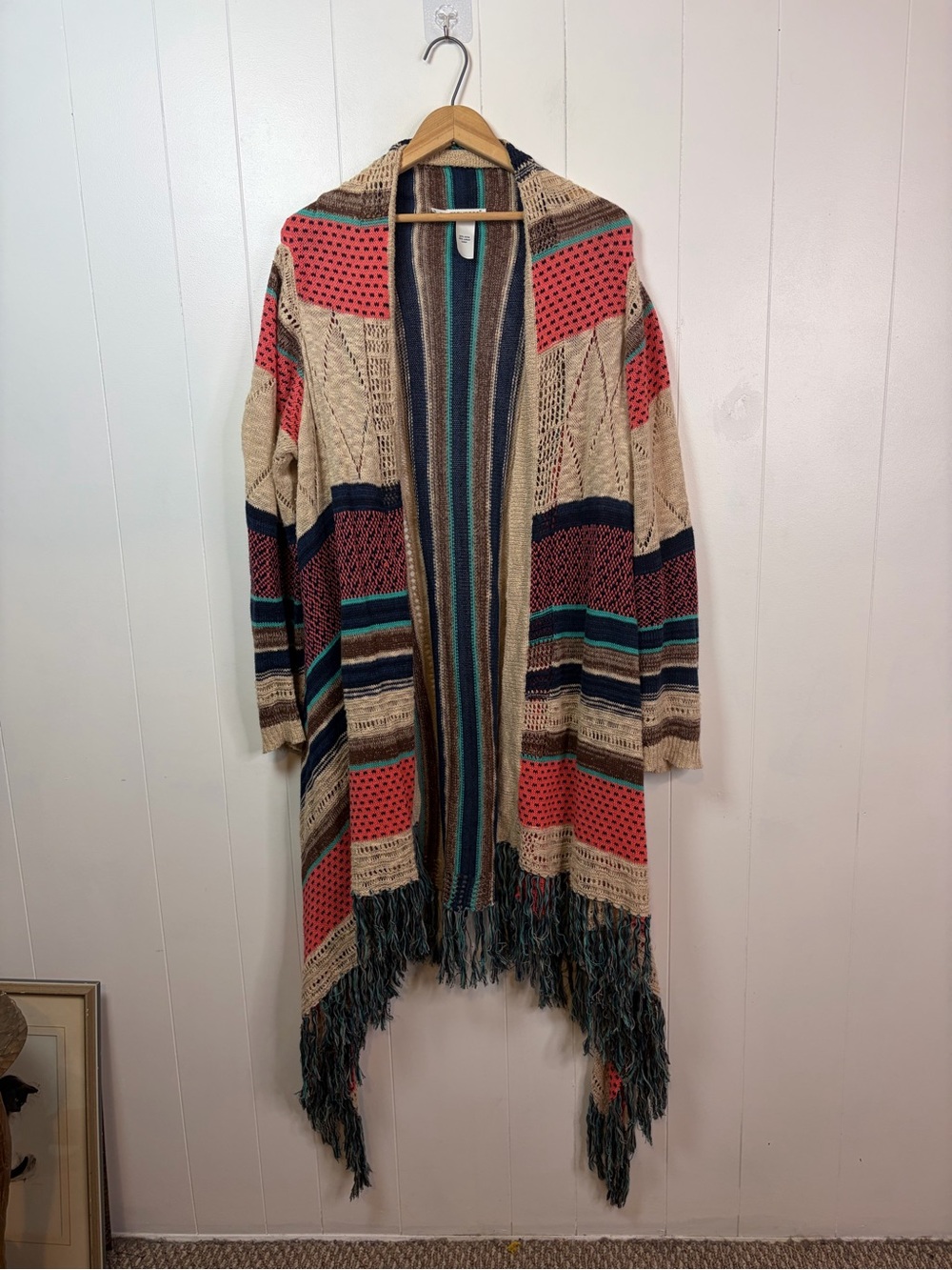 Maurices Open Front Fringe Duster Cardigan Boho Southwestern Knit Size 3 XXL 1X